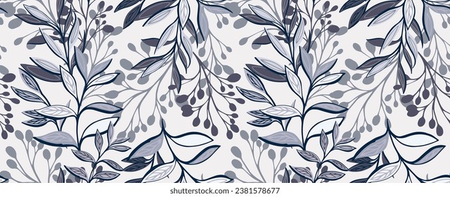 Trendy abstract stem leaves and branches seamless pattern. Vector hand drawn. Creative ornate tropical leaf grey background print. Template for design, textile, fashion, fabric, interior, wallpaper