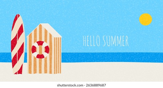 Trendy abstract summer banner. Vector background with beach cabin and lifebuoy, surfboard on seashore. Concept cover for party, holiday, event, card, invitation, banner, ads, branding.