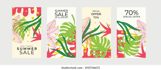 Trendy abstract summer spring art templates with floral and geometric elements. Suitable for social media posts, mobile apps, banners design and web or internet ads. Vector fashion backgrounds