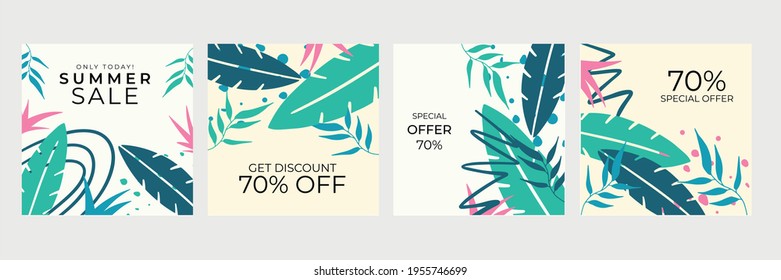 Plantillas de arte de primavera de verano abstracto de moda con elementos florales y geométricos. Adecuado para publicaciones en medios sociales, aplicaciones móviles, diseños de banners y anuncios web o de internet. Antecedentes de moda vectorial