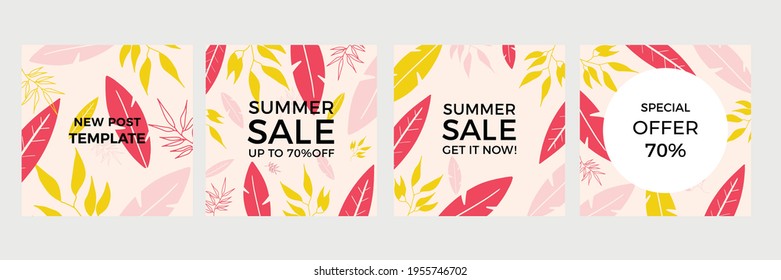 Trendy abstract summer spring art templates with floral and geometric elements. Suitable for social media posts, mobile apps, banners design and web or internet ads. Vector fashion backgrounds