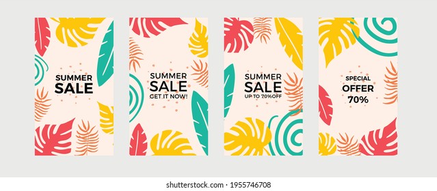 Trendy abstract summer spring art templates with floral and geometric elements. Suitable for social media posts, mobile apps, banners design and web or internet ads. Vector fashion backgrounds