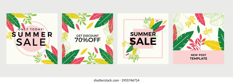 Trendy abstract summer spring art templates with floral and geometric elements. Suitable for social media posts, mobile apps, banners design and web or internet ads. Vector fashion backgrounds