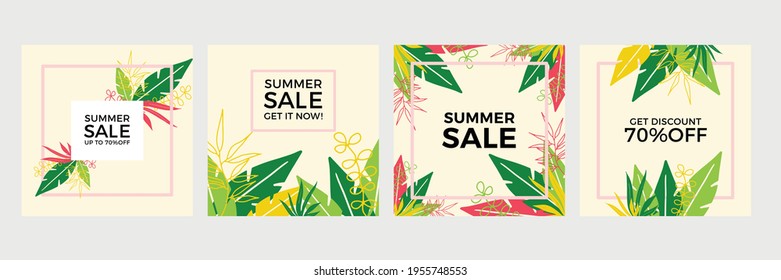 Trendy abstract summer spring art templates with floral and geometric elements. Suitable for social media posts, mobile apps, banners design and web or internet ads. Vector fashion backgrounds