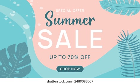 Trendy abstract summer template with tropical leaves for sale, banner design and internet advertising. Vector