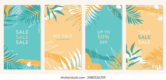 Trendy abstract summer templates with leaves for social media posts, mobile apps, banner design and online advertising. Vector backgrounds