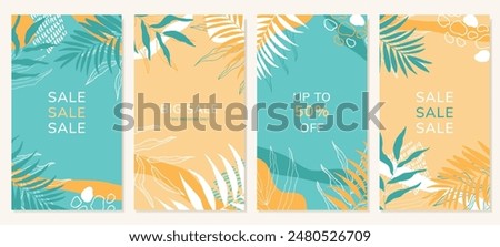 Trendy abstract summer templates with leaves for social media posts, mobile apps, banner design and online advertising. Vector backgrounds