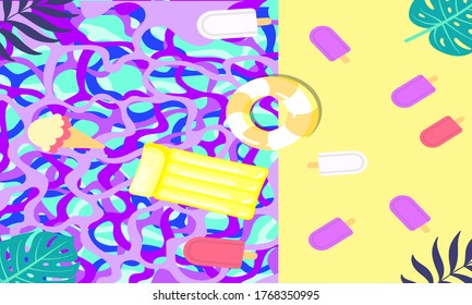 Trendy Abstract Summer tropical covers background with ice cream and ice with leaf, modern vivid and vibrant spring  wallpaper for poster,cards,web,book,social media and ads.Vector.