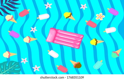 Trendy Abstract Summer tropical covers background with ice cream and ice with leaf, modern vivid and vibrant spring  wallpaper for poster,cards,web,book,social media and ads.Vector.