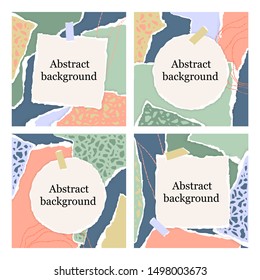 Trendy abstract template with torn paper pieces in pastel color and terrazzo background. Paper cut collage design for social, sale posts. Social media hand drawn banners. Fashion vector Illustration.