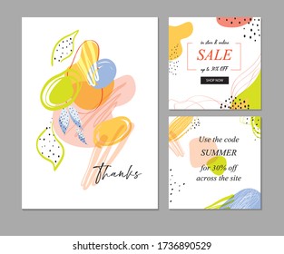 Trendy abstract templates with floral, linear and geometric elements. Suitable for thanks csrd, social media posts, mobile apps, banners design and web/internet ads. Vector fashion backgrounds. Square