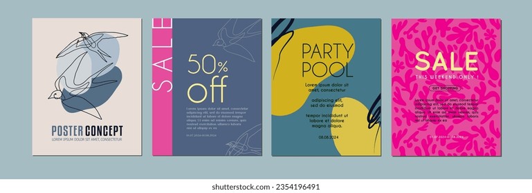 Trendy abstract templates. Suitable for poster, greeting and business card, invitation, flyer, banner, brochure, email header, post in social networks, advertising, events and page cover.