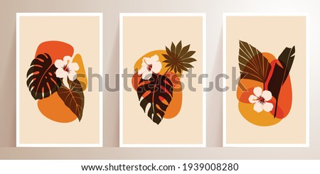 Trendy abstract tropical plant, flowers with abstract shapes. Modern minimalist vector illustrations. Set of Botanical wall art with Bohemian style. Contemporary for wall prints, poster, home decor. 
