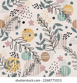 Trendy abstract tropical seamless pattern with exotic plants and dots in minimalism style. Vector background. Illustration of exotic plants and flowers. For cards, design, print, textile, wallpaper