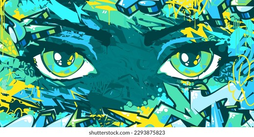 Trendy Abstract Urban Colorful Neon Futuristic Street Art Graffiti Style Background With Big Eyes Vector Illustration