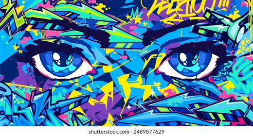 Trendy Abstract Urban Futuristic Street Art Graffiti Style Background With Big Eyes Illustration