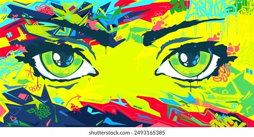 Trendy Abstract Urban Futuristic Street Art Graffiti Style Background With Big Eyes Illustration