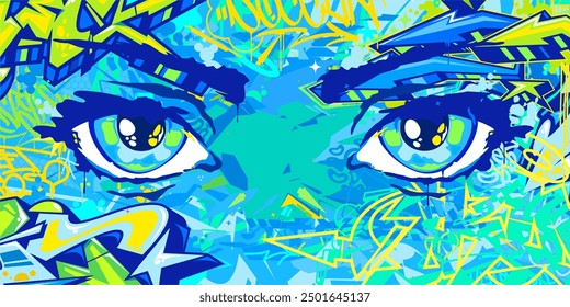Trendy Abstract Urban Futuristic Street Art Graffiti Style Background With Big Eyes Illustration