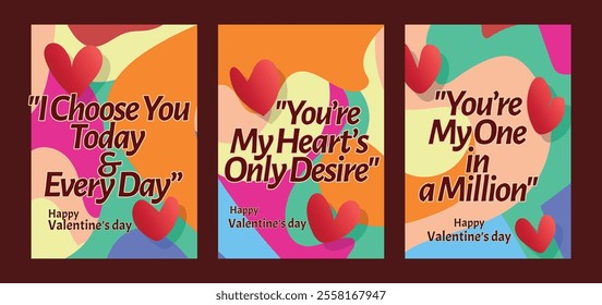 Trendy Abstract Valentine Cards Featuring Romantic Designs. A set of Valentine’s Day greeting card with sample text, red hearts and abstract backgrounds templates vector illustration. 