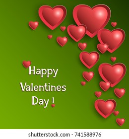Trendy abstract Valentines day background green with 3d stylized glowing red hearts cut paper. Modern stylish bright wallpaper. Beautiful love card for holiday. Vector illustration.