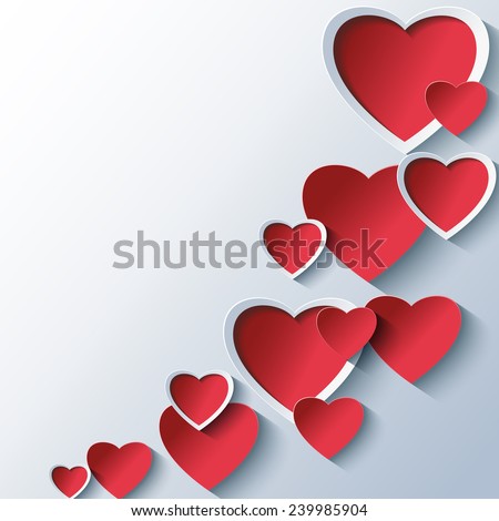 Trendy abstract Valentines day background grey with 3d stylized red hearts. Creative stylish wallpaper. Beautiful love card for Valentines day. Vector illustration.