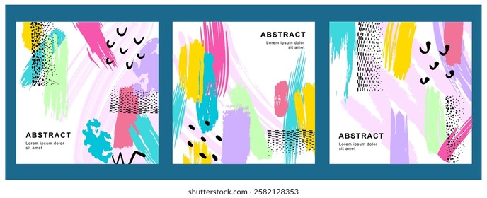 Trendy abstract vector background with colorful brush strokes, hand-drawn textures, and modern artistic elements. Perfect for posters, branding, and creative design