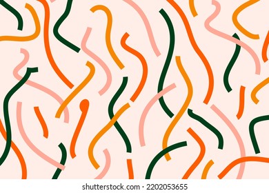 Trendy abstract vector banner with bright colorful serpentine ribbons on dark background. Festive, celebration, greeting illustration in flat simple doodle style. Random scribbles in autumn colors