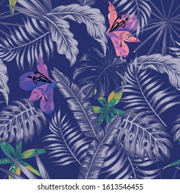 Trendy abstract vector blue style tropical illustration. Repeating floral design leaves and flowers for textile, print, wrapping. Seamless pattern background Phone, Desktop wallpaper