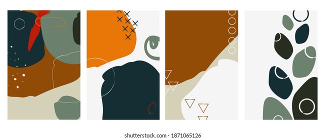 Composiciones vectoriales abstractas de moda. Formas geométricas y puntos abstractos, salpicaduras y líneas. Colores y tonos naturales. Ideal para diseños de pared, cubiertas, volantes, pancartas, carteles e impresiones