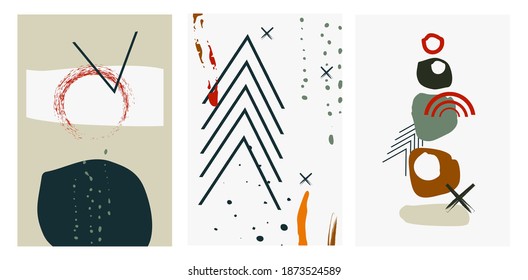 Trendy abstract vector compositions. Geometric shapes and abstract spots, splashes and lines. Natural colors and shades. Ideal for wall designs, covers, flyers, banners, posters and prints