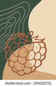 Trendy abstract vector fruit illustration for room decoration, print, wallpaper, cover. Minimal and natural wall art. Boho foliage with hand drawn raspberry shape