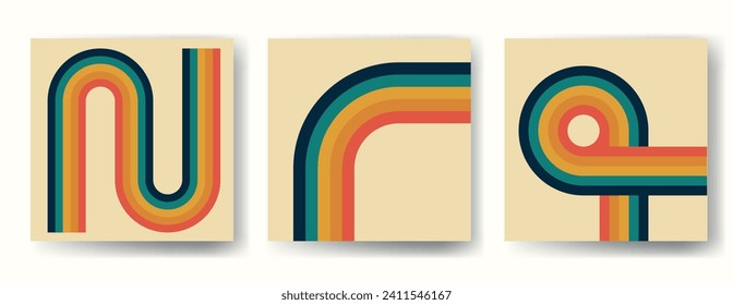 Vectores abstractos de moda ambientaron fondos estéticos con arcoiris. La decoración de las paredes de mediados del siglo XX, estilo años 60 y 70. Diseño retro para medios sociales, post de blog, plantilla, diseño interior