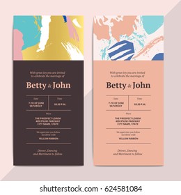 Trendy abstract wedding invitation cards templates. Modern luxury romantic greeting cards layout with artistic brush stroke pattern. Vector hipster background design with marriage sample text. 