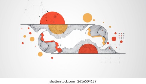 Trendy abstract wireframe background. Modern science or technology art elements. Surface illustration inside circles. Vector