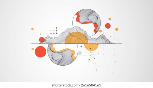 Trendy abstract wireframe background. Modern science or technology art elements. Surface illustration inside circles. Vector