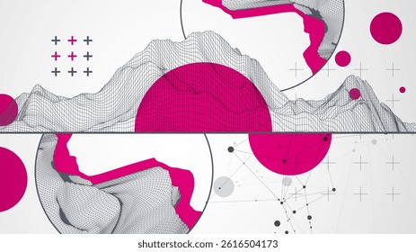 Trendy abstract wireframe background. Modern science or technology art elements. Surface illustration inside circles. Vector