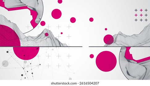Trendy abstract wireframe background. Modern science or technology art elements. Surface illustration inside circles. Vector