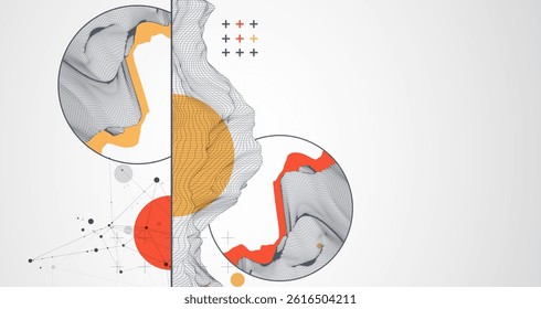 Trendy abstract wireframe background. Modern science or technology art elements. Surface illustration inside circles. Vector