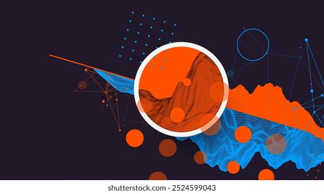 Fondo abstracto de montaña de alambre de moda. Elementos de arte de ciencia o tecnología moderna. Ilustración de superficie. Vector dibujado a mano.