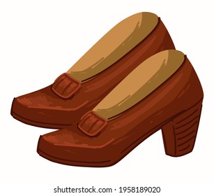 Trendy accessories and clothes in old times, fashionable vintage red shoes on high heels for female. Elegant clothing for ladies. Retro pair of footwear for girls, comfortable wear. Vector in flat