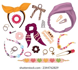 Accesorios y objetos de decoración de moda para las mujeres, como pulseras y pasadores de pelo ilustraciones vectoriales aisladas