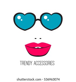 Trendy accessories. Stylish vector glasses in form of heart. Girl in blue sunglasses with beautiful lips. Fashion, beauty, style and glamour.