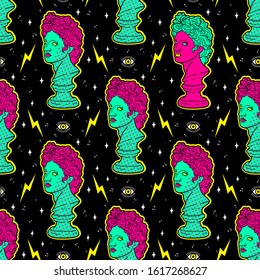 Trendy acid seamless pattern with ancient sculpture in psychedelic cosmic style.