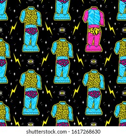 Trendy acid seamless pattern with ancient sculpture in psychedelic cosmic style.