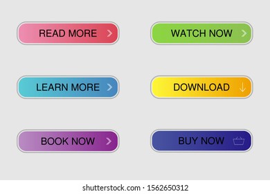 Trendy action button set for web, mobile app. Read more, book now.. Template gradient navigation button menu. Gradient icon for online shop, web page, game, banner. Vector colorful button collection.