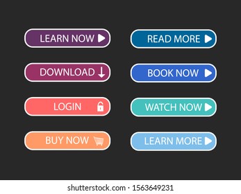 Trendy action button set for web page, mobile app. Template navigation button menu in flat style. Icon for shop online, game, banner. Vector button collection on dark background.