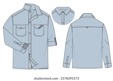 Trendy Adjustable Soft Blue Long Sleeve Tencel Denim Shirt Vector Illustration