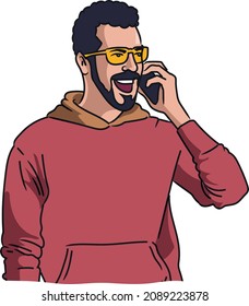 Trendy adult male talking cellphone vector drawing