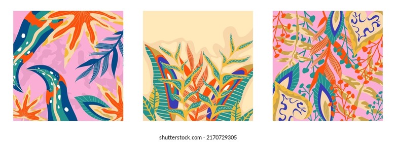 Volante de moda estético boho jungle set. Resumen de diseño exótico fondo de jungla floral. Plantilla de diseño. Resumen del fondo de la naturaleza. Vector de cobertura de arte folicular tropical