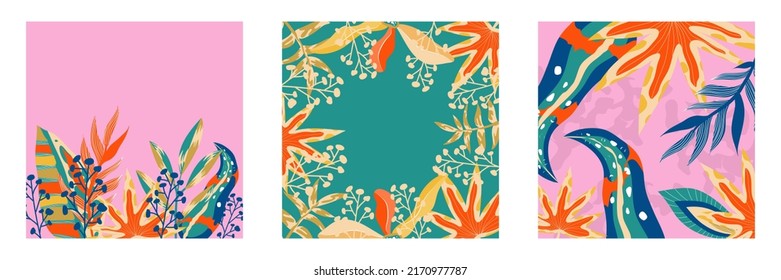 Trendy aestethic boho jungle set flyer. Abstract trendy exotic floral jungle background. Design template. Abstract nature background. Tropical foliage art cover vector